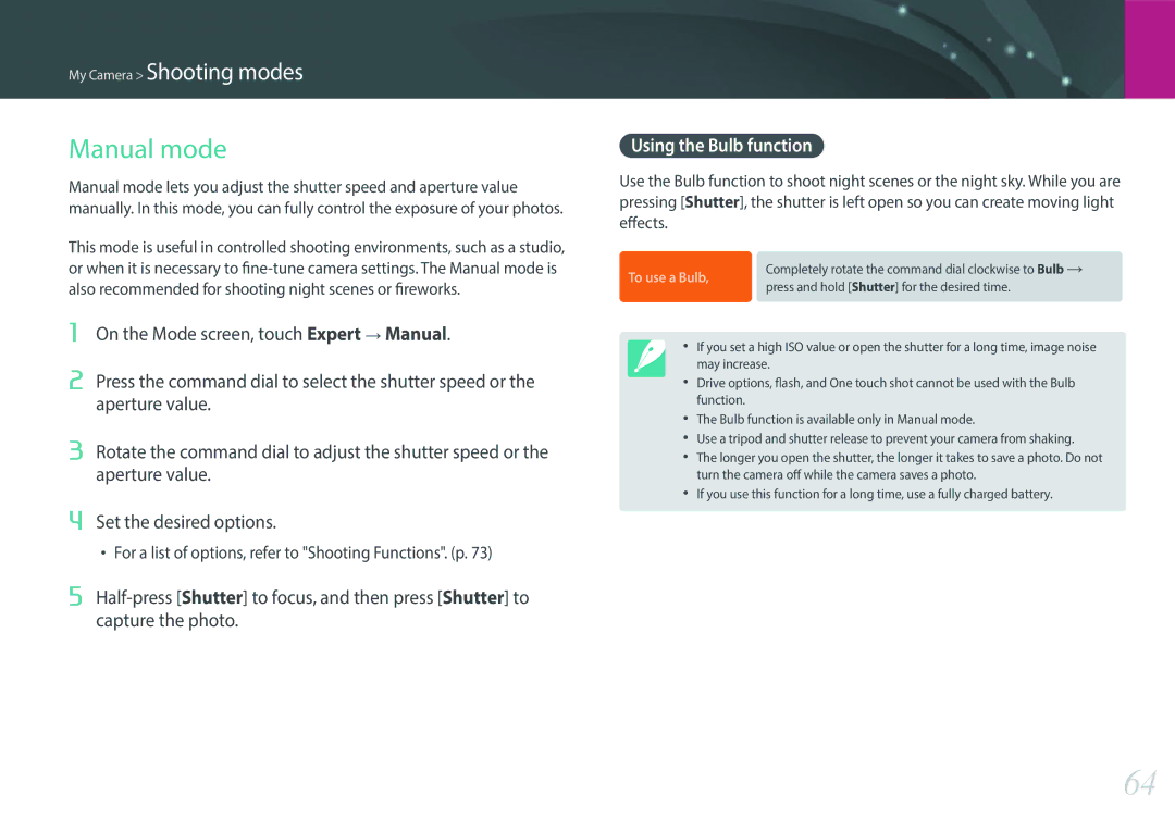 Samsung EVNX200ZBSBUS user manual Manual mode, Using the Bulb function 