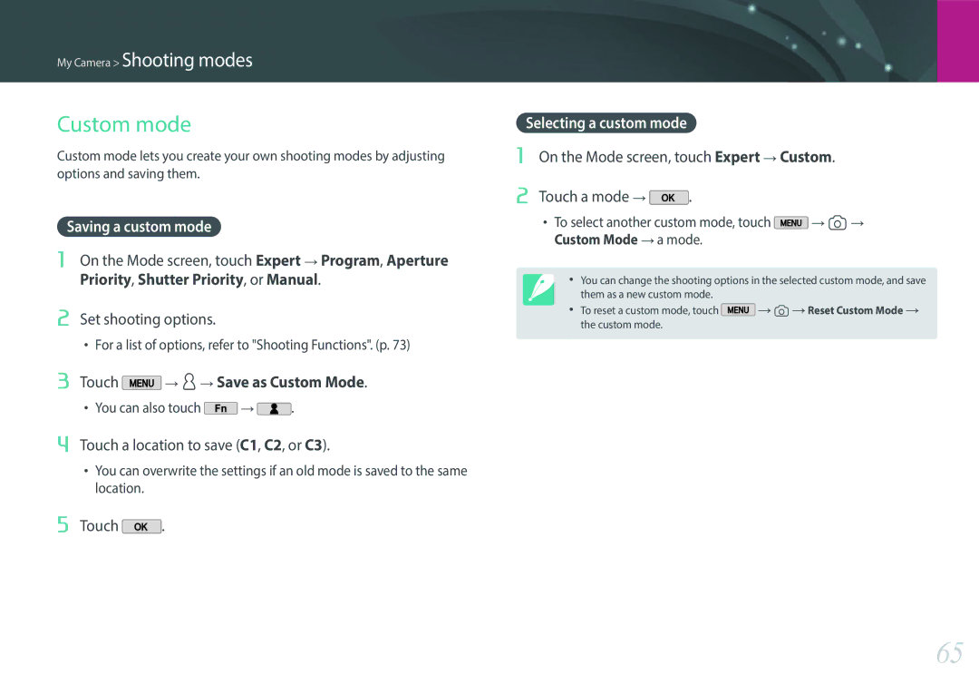 Samsung EVNX200ZBSBUS Custom mode, Saving a custom mode, Touch a location to save C1, C2, or C3, Selecting a custom mode 