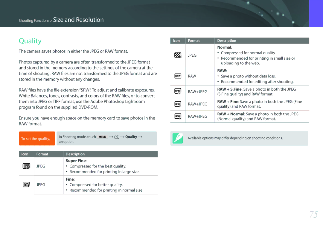Samsung EVNX200ZBSBUS user manual Quality, Camera saves photos in either the Jpeg or RAW format, Super Fine, Normal 