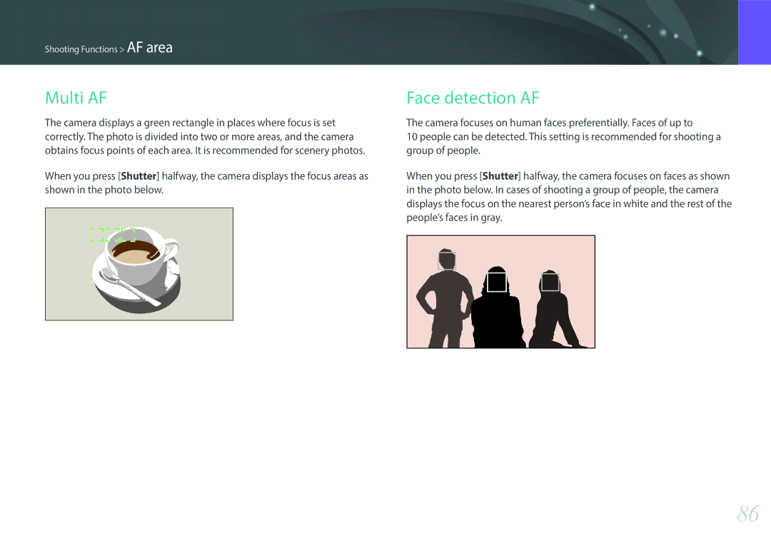 Samsung EVNX200ZBSBUS user manual Multi AF, Face detection AF 