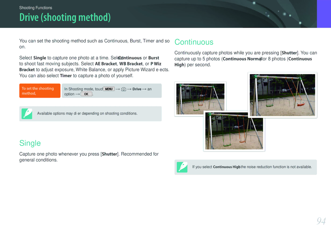 Samsung EVNX200ZBSBUS user manual Drive shooting method, Single, Continuous, → 1 → Drive → an 