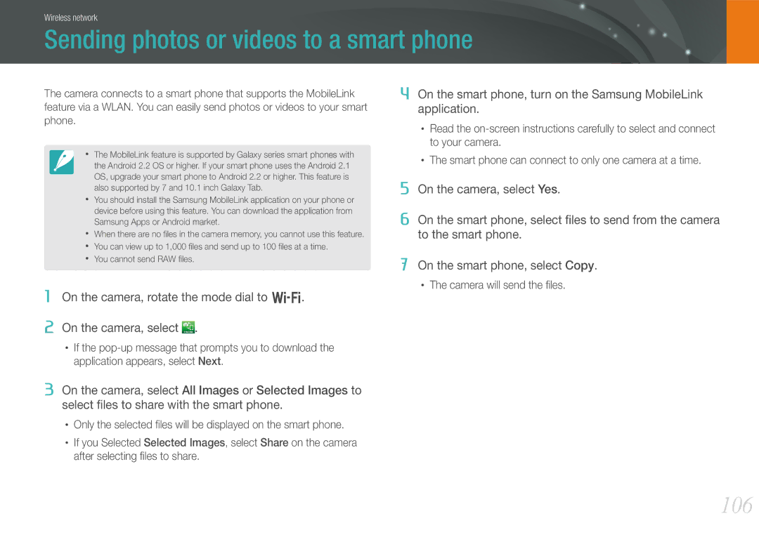 Samsung EVNX210ZBSBUS user manual Sending photos or videos to a smart phone, 106 