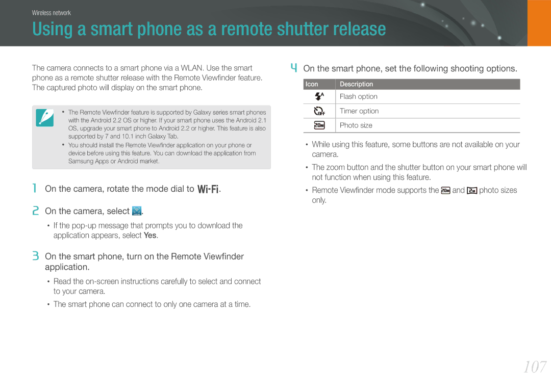 Samsung EVNX210ZBSBUS user manual Using a smart phone as a remote shutter release, 107 