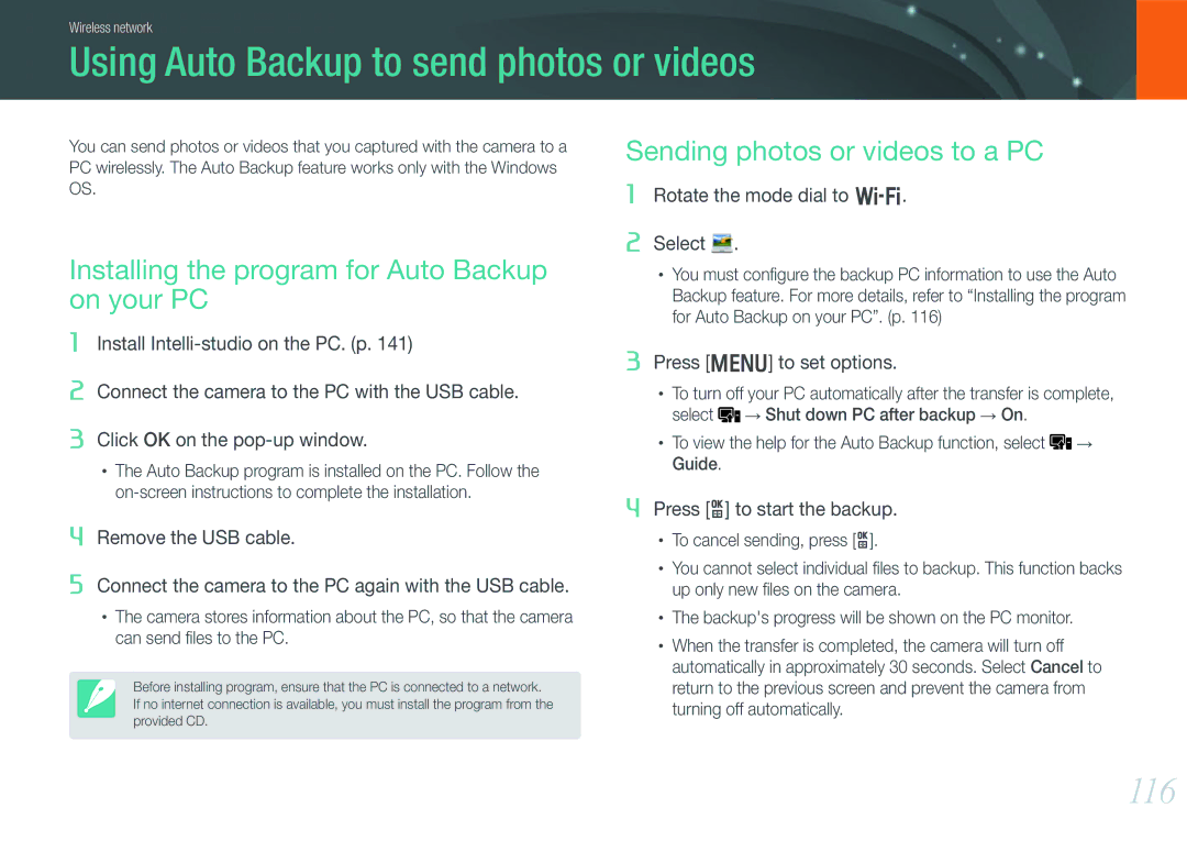 Samsung EVNX210ZBSBUS user manual Using Auto Backup to send photos or videos, 116 