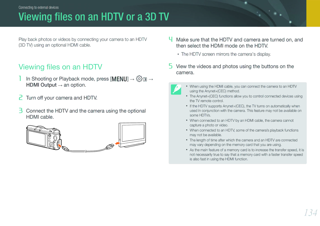 Samsung EVNX210ZBSBUS user manual Viewing ﬁles on an Hdtv or a 3D TV, 134, 3D TV using an optional Hdmi cable 