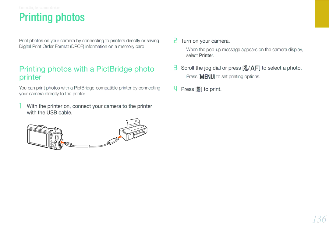 Samsung EVNX210ZBSBUS user manual 136, Printing photos with a PictBridge photo printer 