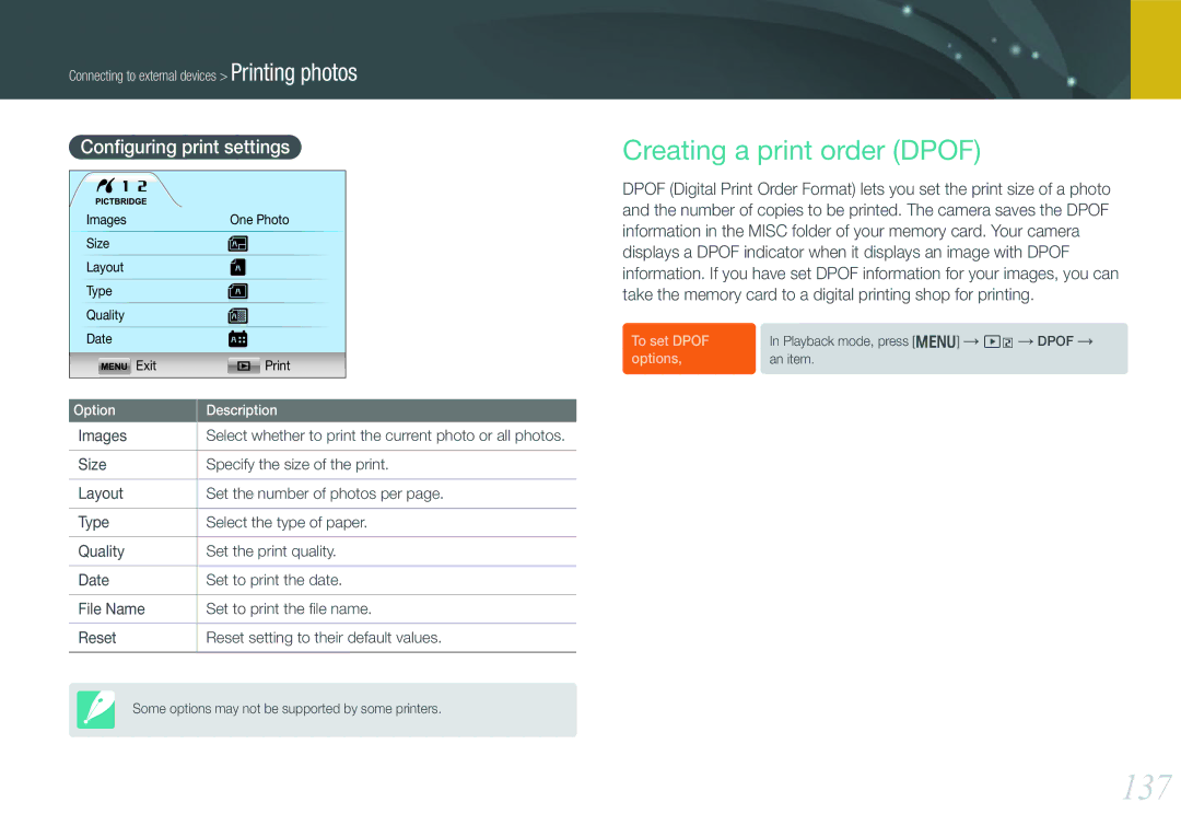 Samsung EVNX210ZBSBUS user manual 137, Creating a print order Dpof, Conﬁguring print settings, Images 