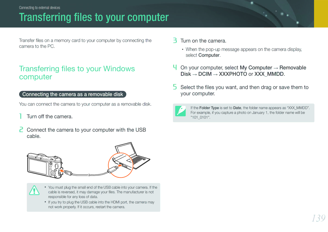 Samsung EVNX210ZBSBUS user manual Transferring ﬁles to your computer, 139, Transferring ﬁles to your Windows computer 