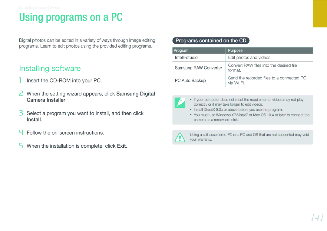 Samsung EVNX210ZBSBUS user manual Using programs on a PC, 141, Installing software, Programs contained on the CD 