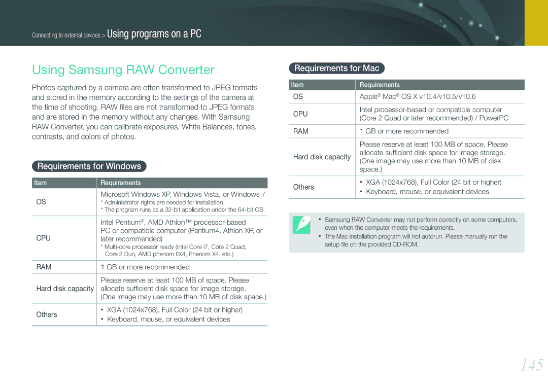 Samsung EVNX210ZBSBUS user manual 145, Using Samsung RAW Converter, Requirements for Windows, Requirements for Mac 