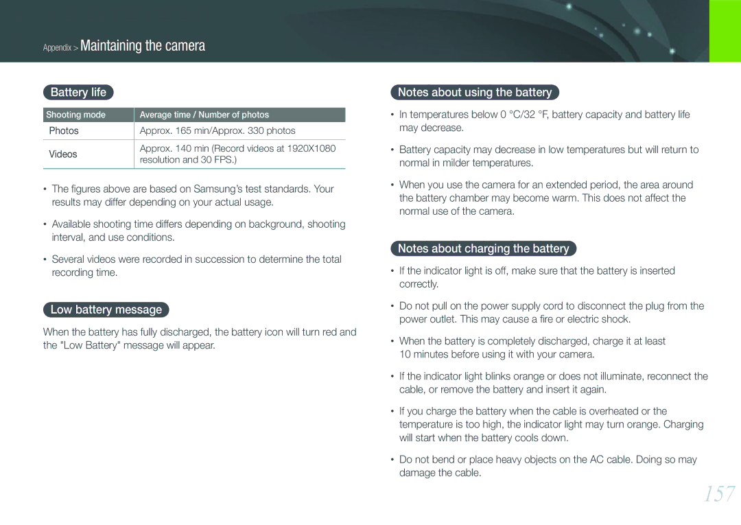 Samsung EVNX210ZBSBUS user manual 157, Battery life, Low battery message 