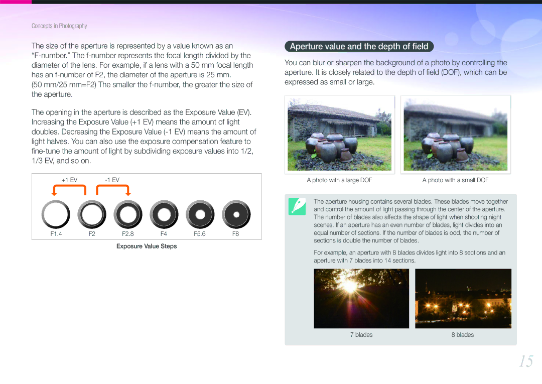 Samsung EVNX210ZBSBUS user manual Aperture value and the depth of ﬁeld 