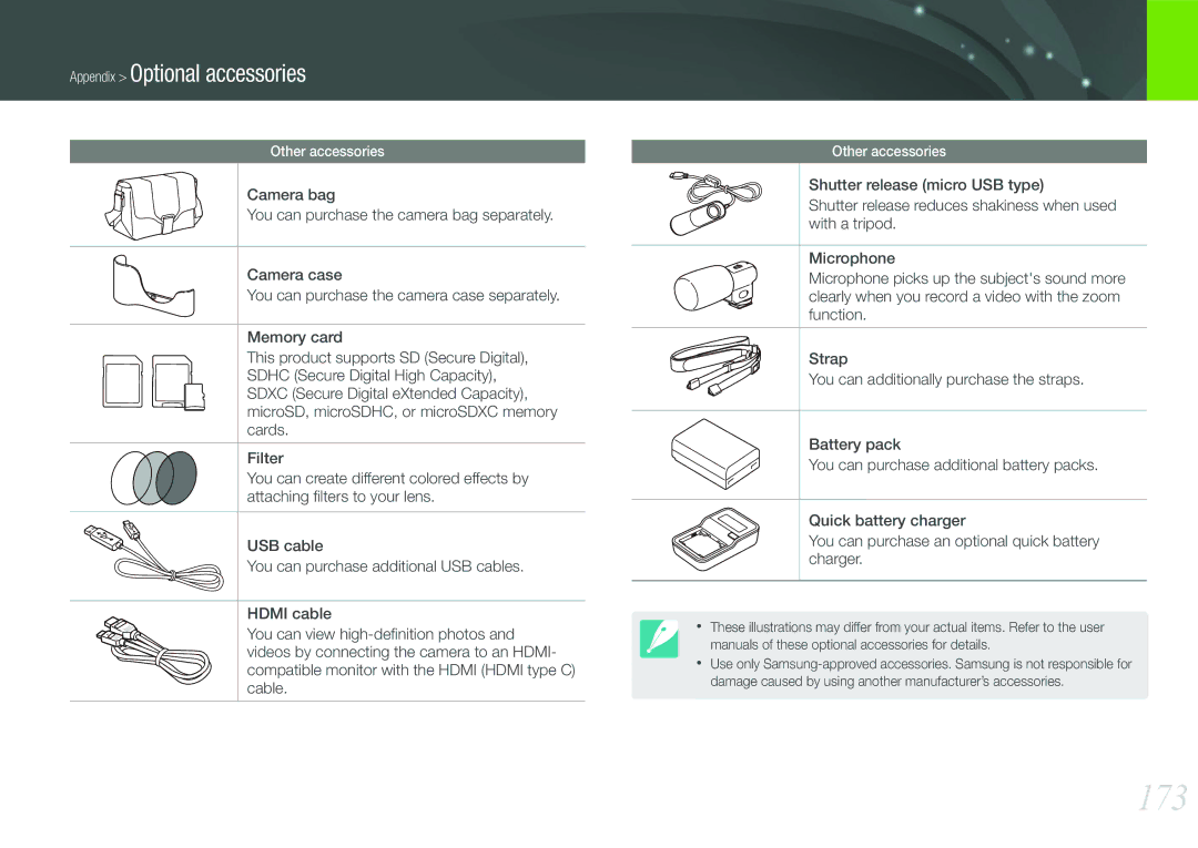 Samsung EVNX210ZBSBUS user manual 173, Appendix Optional accessories 