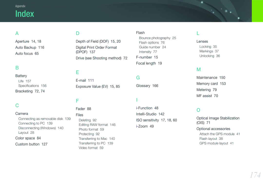 Samsung EVNX210ZBSBUS user manual Index, 174 