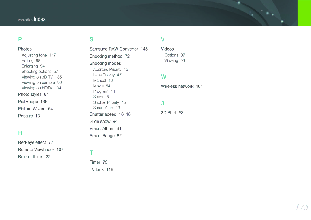 Samsung EVNX210ZBSBUS user manual 175, Photos, Wireless network 3D Shot, Options Viewing 