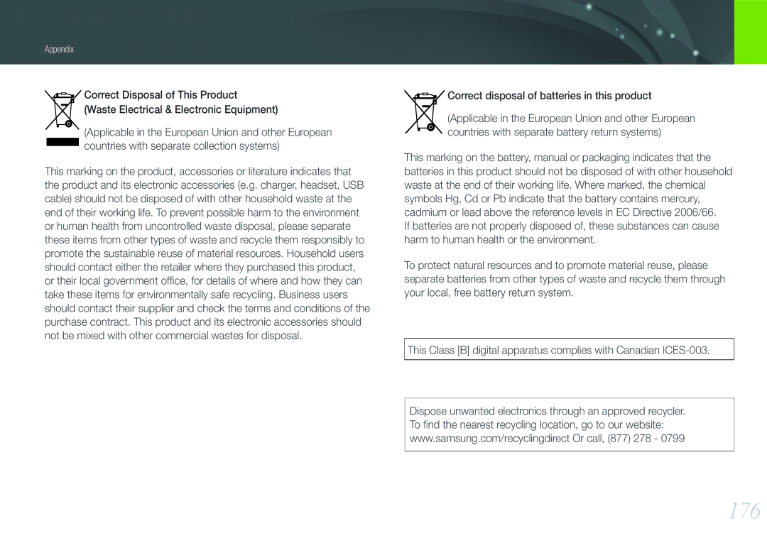 Samsung EVNX210ZBSBUS user manual 176, Correct disposal of batteries in this product 