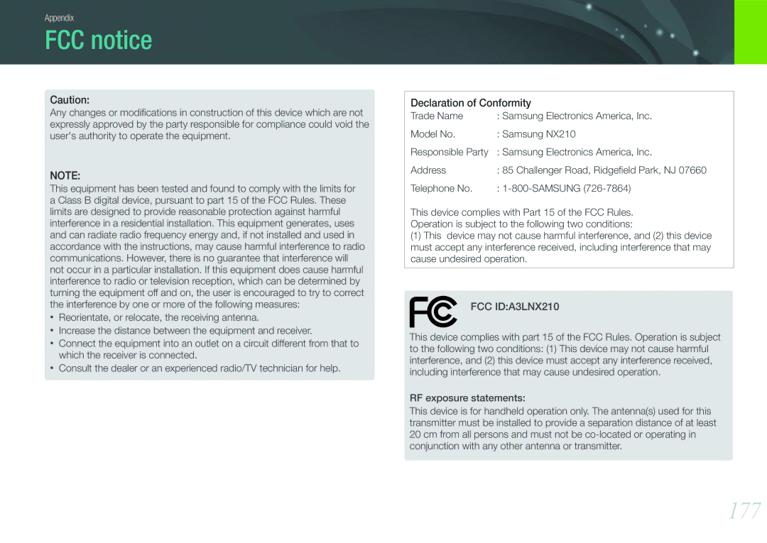 Samsung EVNX210ZBSBUS user manual FCC notice, 177 