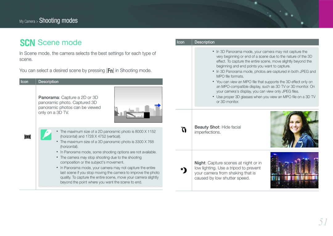 Samsung EVNX210ZBSBUS user manual Scene mode, Beauty Shot Hide facial imperfections 