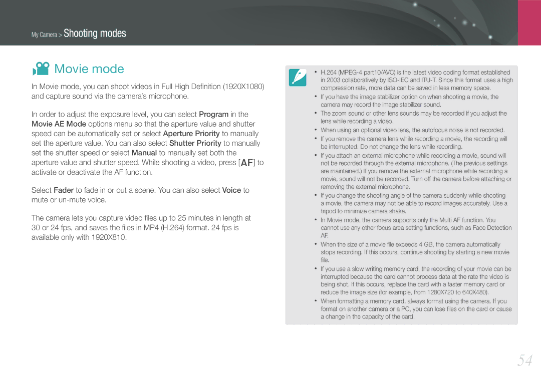 Samsung EVNX210ZBSBUS user manual VMovie mode 