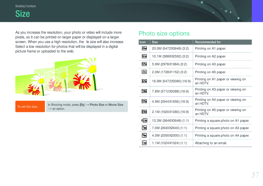 Samsung EVNX210ZBSBUS user manual Size, Photo size options, 2640X2640, 2000X2000, 1024X1024 Attaching to an email 
