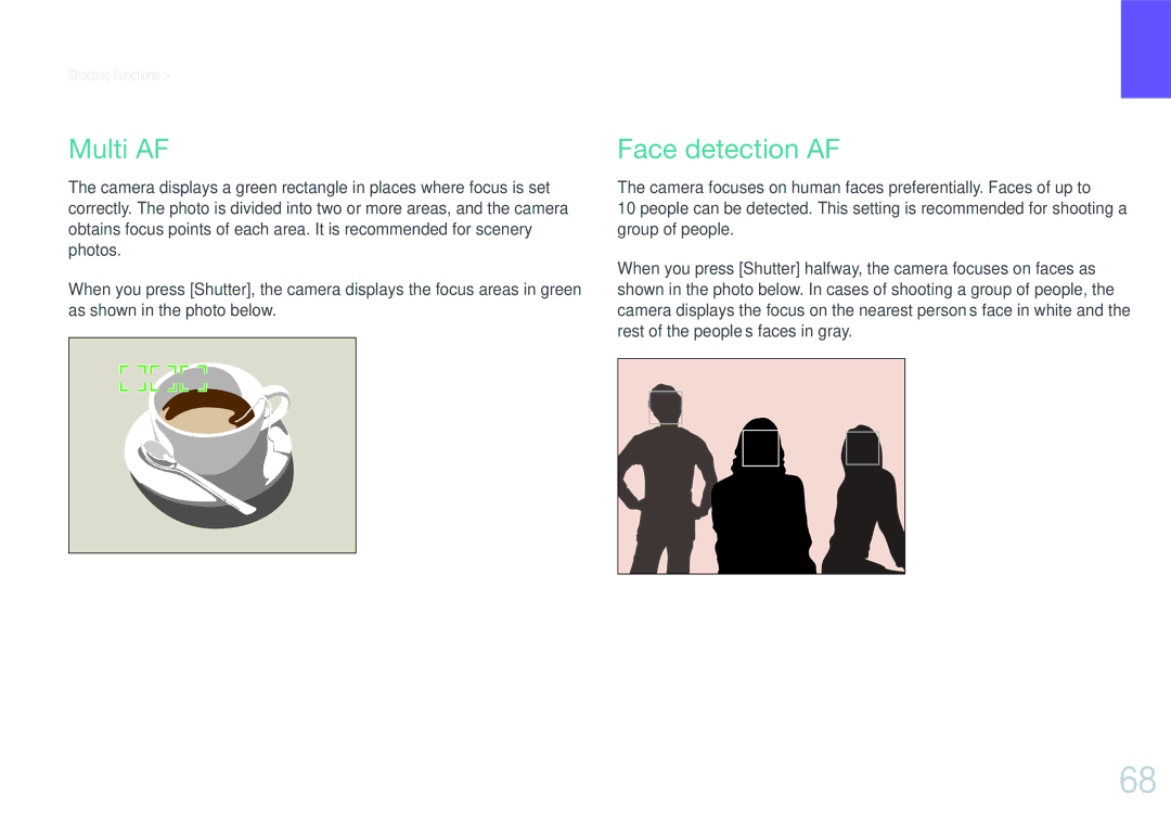 Samsung EVNX210ZBSBUS user manual Multi AF, Face detection AF 