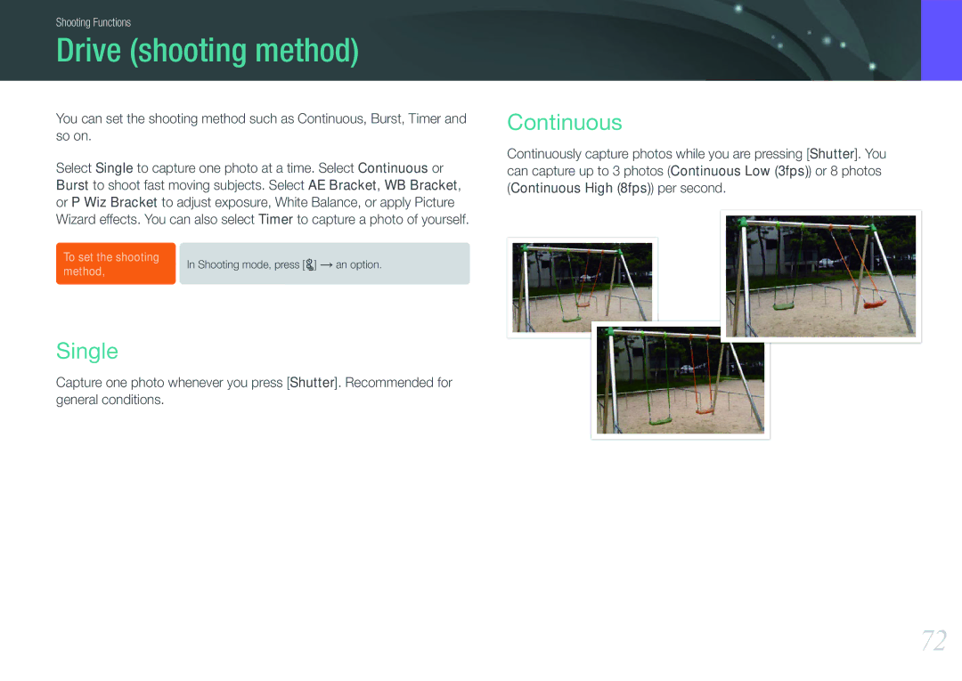 Samsung EVNX210ZBSBUS user manual Drive shooting method, Single, Continuous 