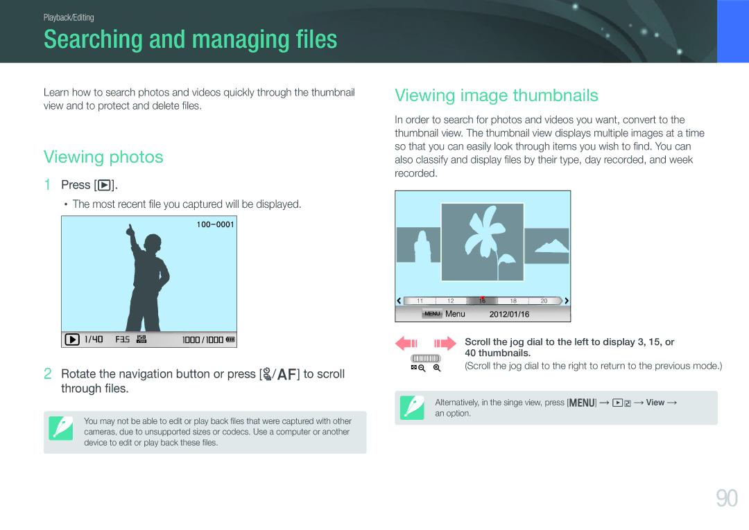 Samsung EVNX210ZBSBUS user manual Searching and managing ﬁles, Viewing photos, Viewing image thumbnails 