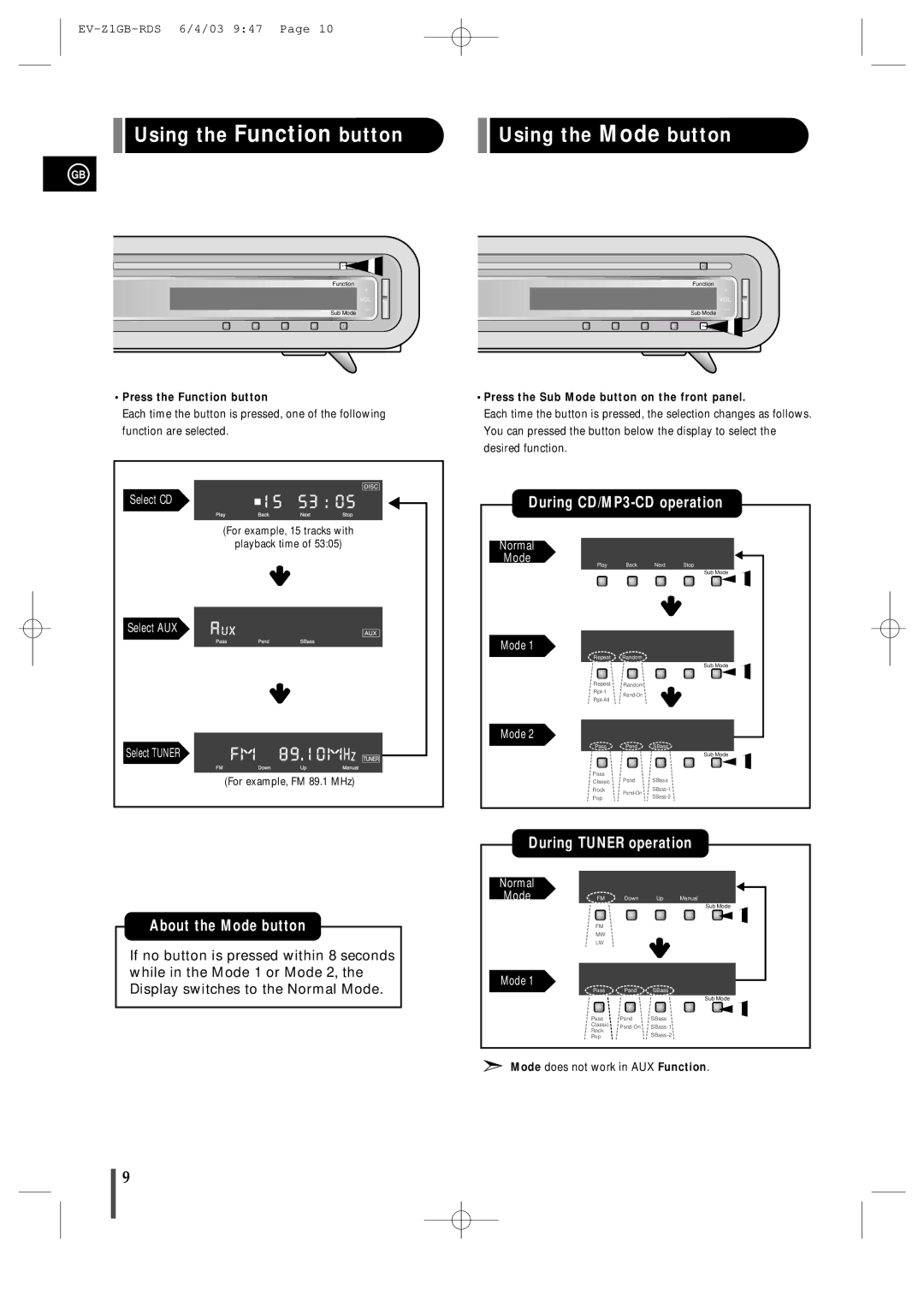 Samsung EVZ1RH/ELS manual Using the Function button, Using the Mode button 