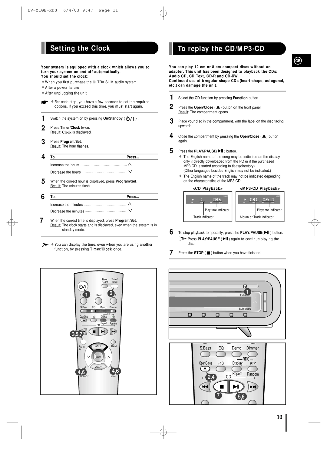 Samsung EVZ1RH/ELS manual Setting the Clock, To replay the CD/MP3-CD, Press Program/Set 