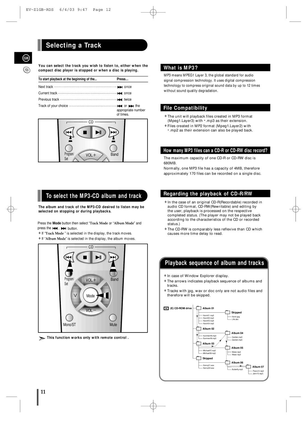 Samsung EVZ1RH/ELS manual Selecting a Track, To select the MP3-CD album and track, Playback sequence of album and tracks 