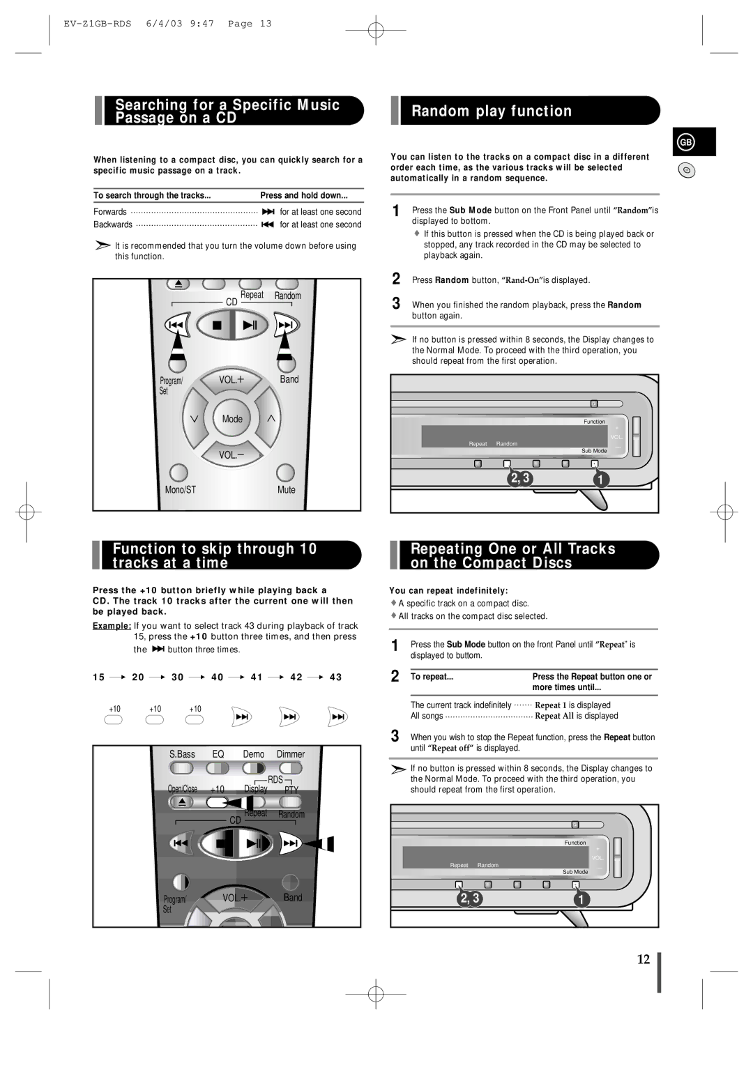 Samsung EVZ1RH/ELS manual Searching for a Specific Music Passage on a CD, Random play function 