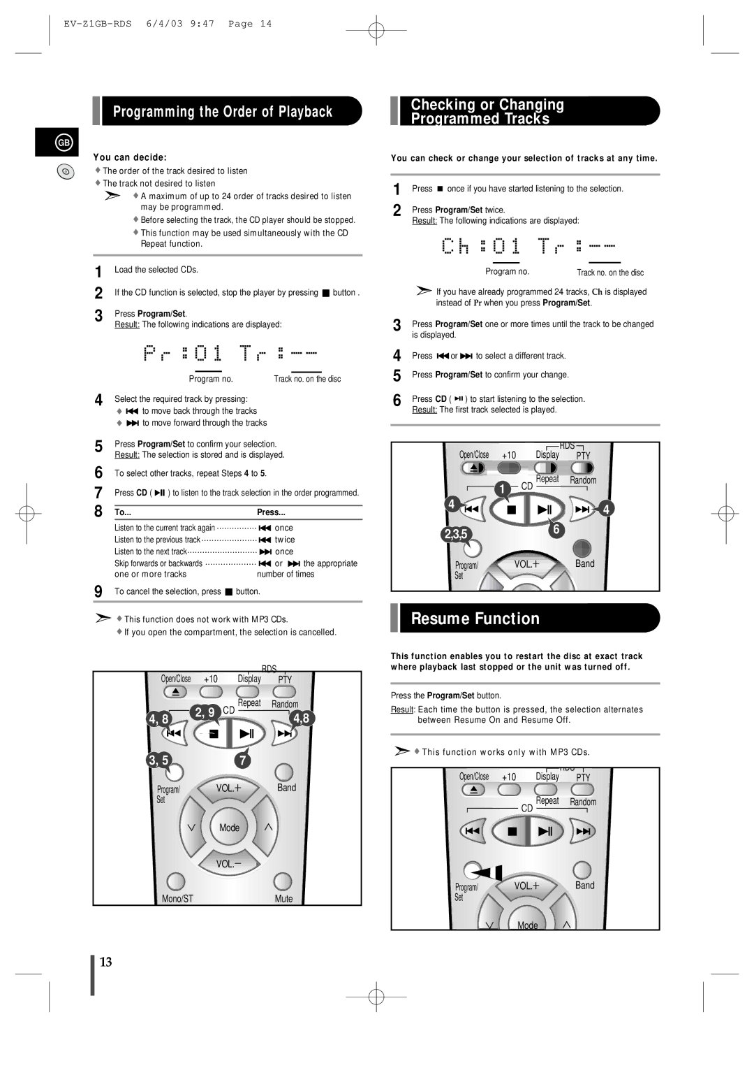 Samsung EVZ1RH/ELS manual Resume Function, Programming the Order of Playback, Checking or Changing Programmed Tracks 