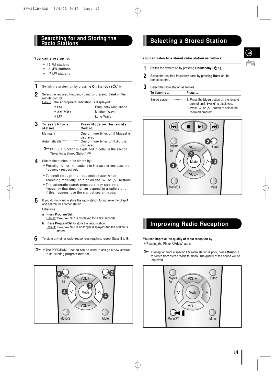 Samsung EVZ1RH/ELS Selecting a Stored Station, Improving Radio Reception, Searching for and Storing the Radio Stations 