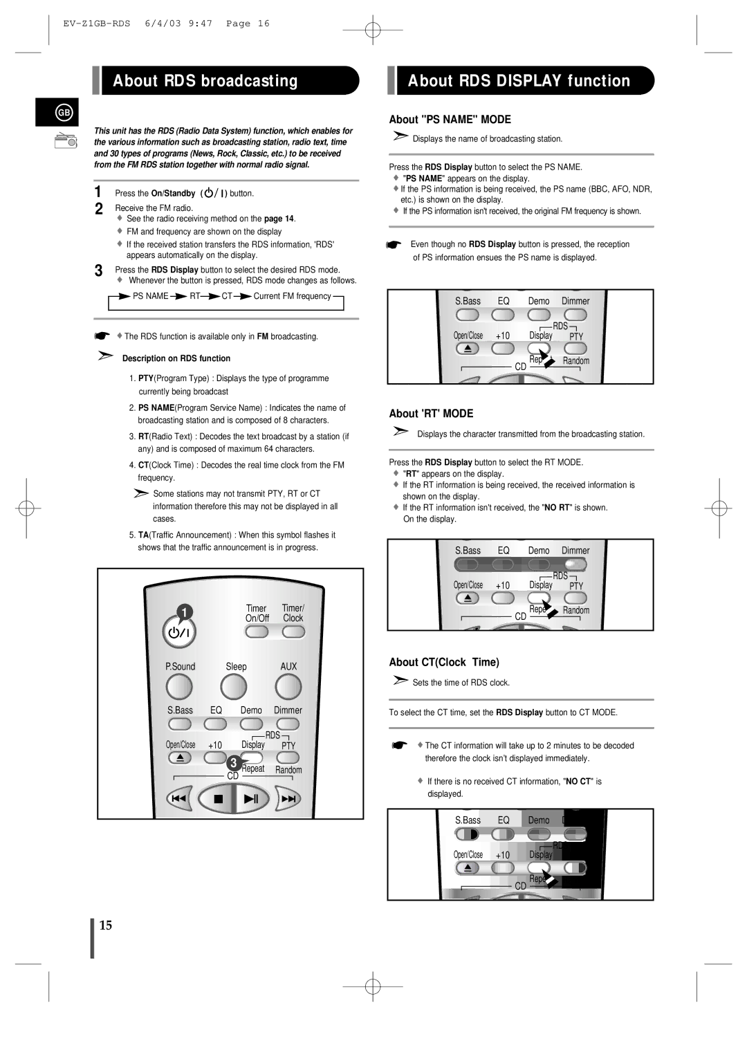 Samsung EVZ1RH/ELS manual About RDS broadcasting, About RDS Display function, About PS Name Mode, About RT Mode 