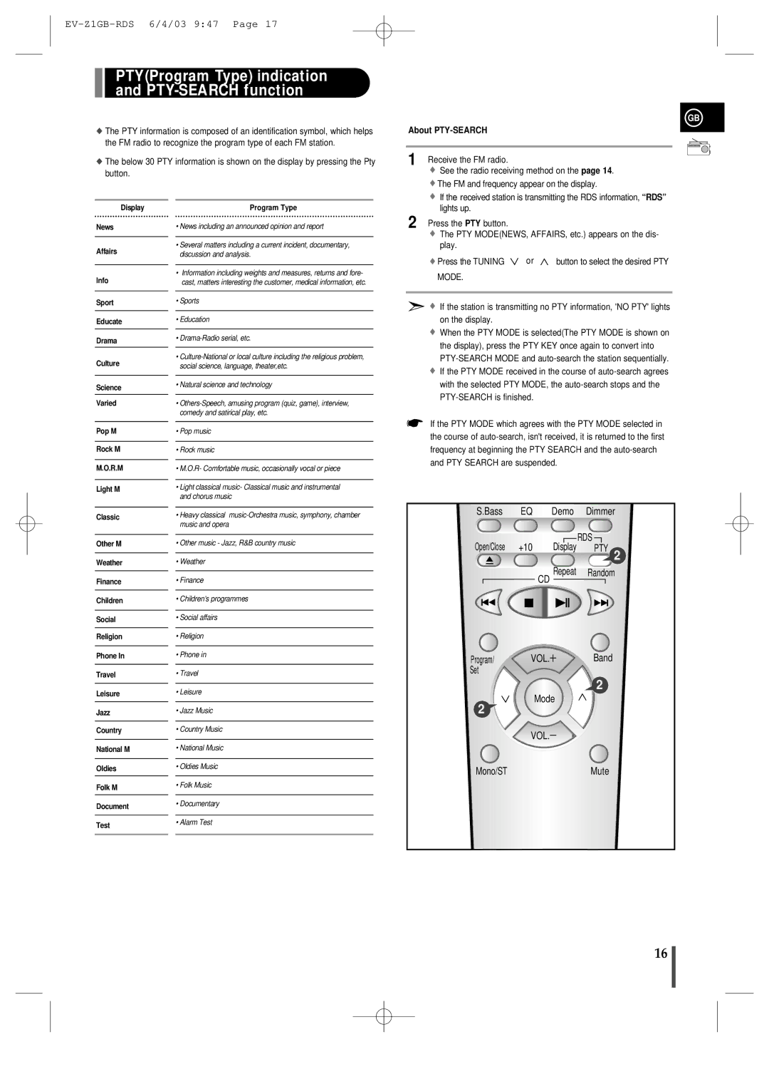 Samsung EVZ1RH/ELS manual PTYProgram Type indication and PTY-SEARCH function, About PTY-SEARCH 