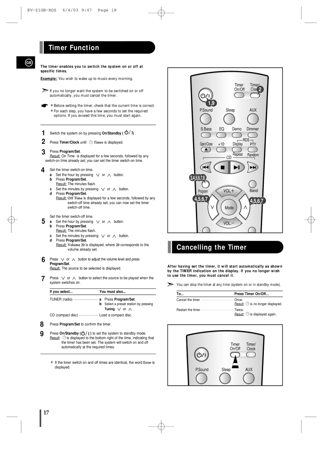 Samsung EVZ1RH/ELS manual Timer Function, Cancelling the Timer 