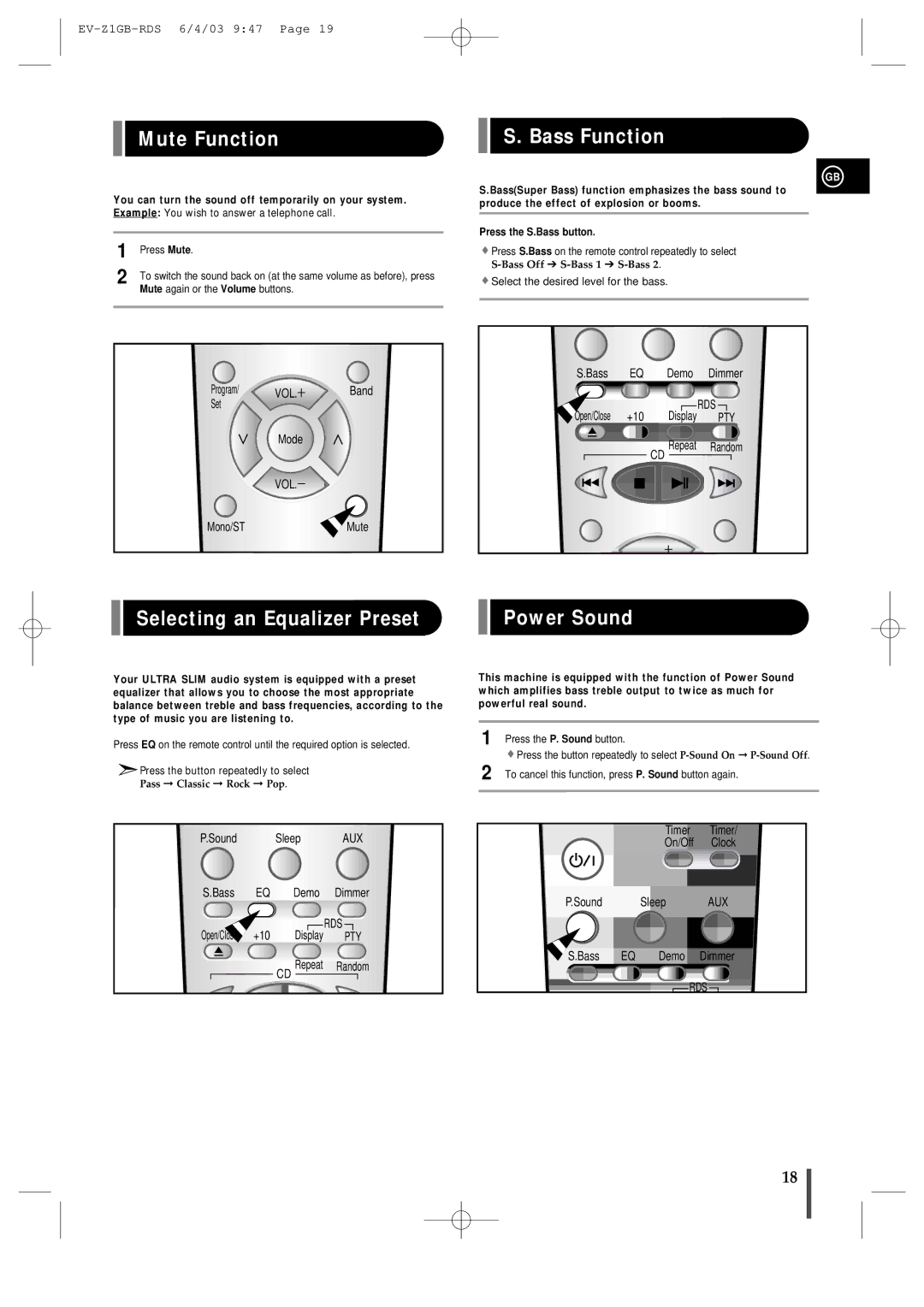 Samsung EVZ1RH/ELS manual Mute Function, Bass Function, Selecting an Equalizer Preset Power Sound 