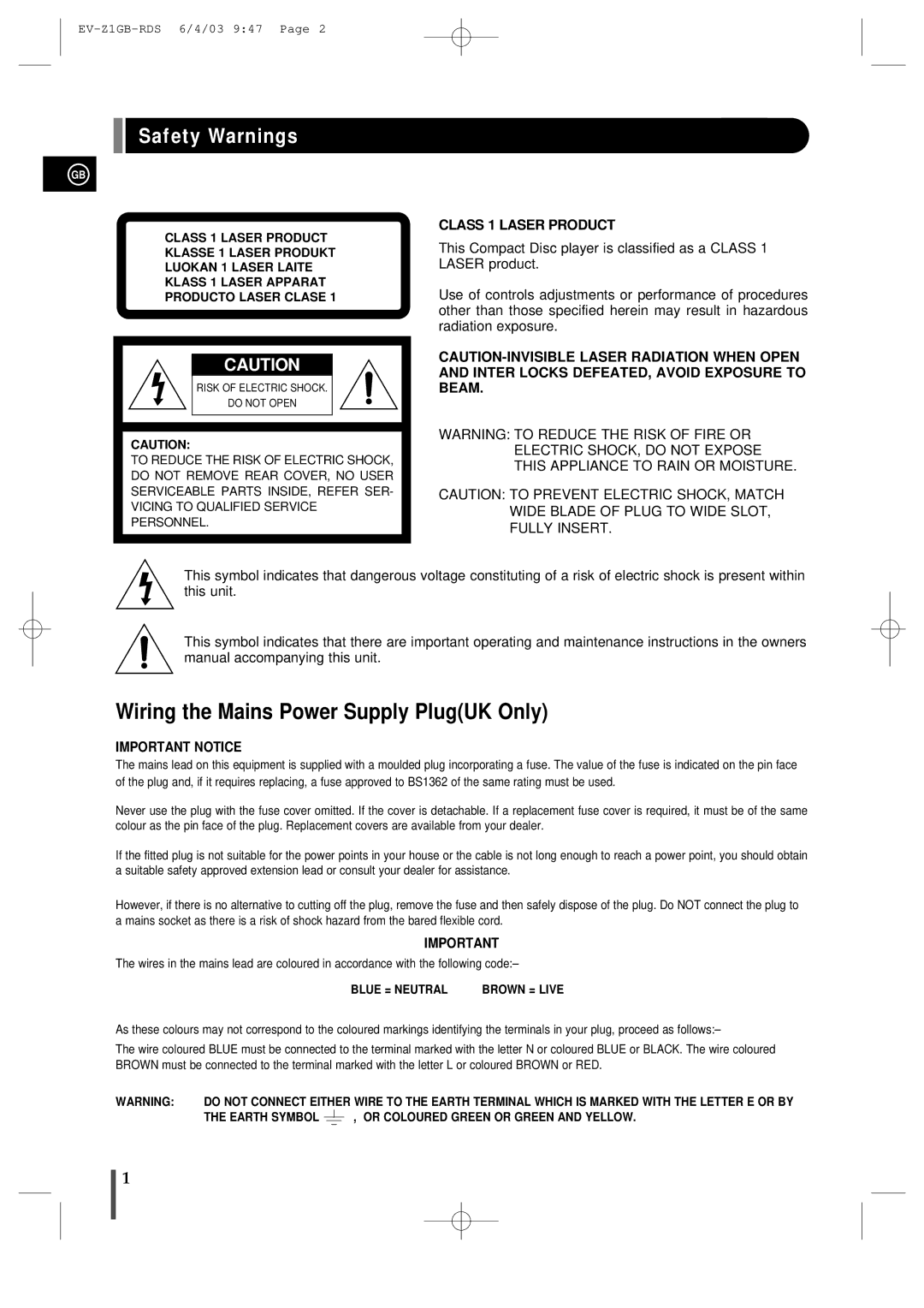 Samsung EVZ1RH/ELS manual Safety Warnings, Class 1 Laser Product 