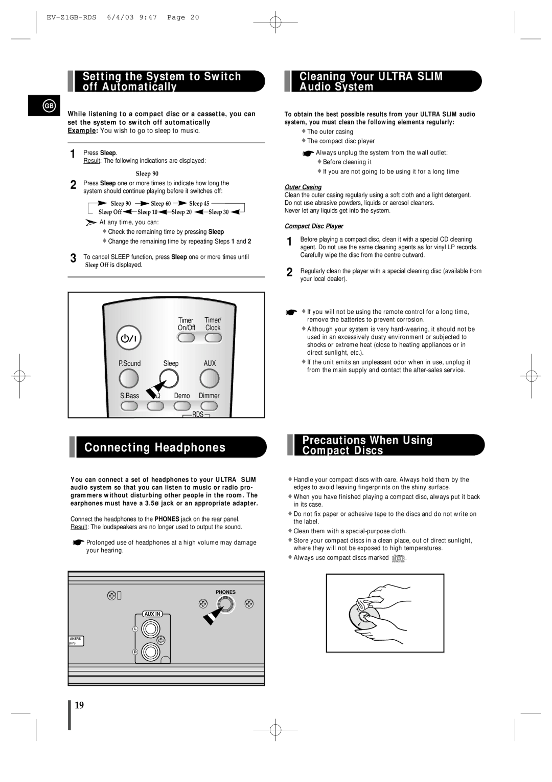 Samsung EVZ1RH/ELS manual Connecting Headphones, Setting the System to Switch off Automatically 