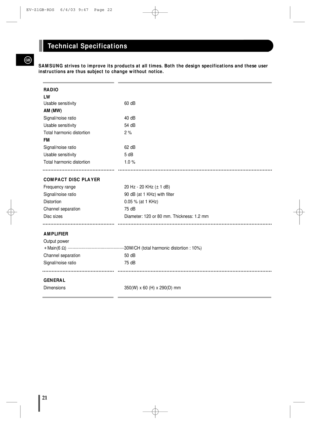 Samsung EVZ1RH/ELS manual Technical Specifications, Compact Disc Player 