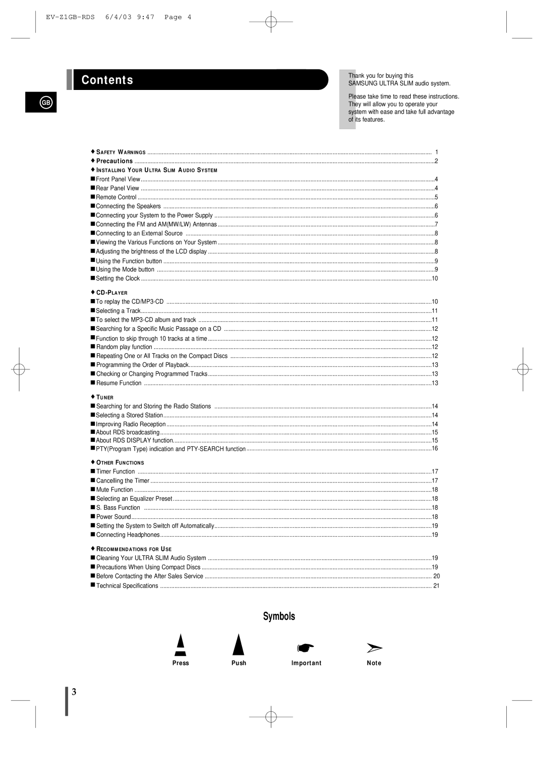 Samsung EVZ1RH/ELS manual Contents 