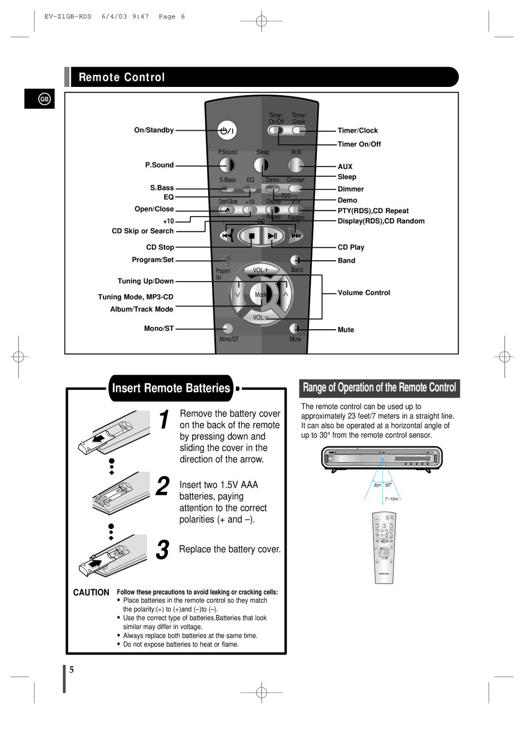 Samsung EVZ1RH/ELS manual Insert Remote Batteries, Remote Control 