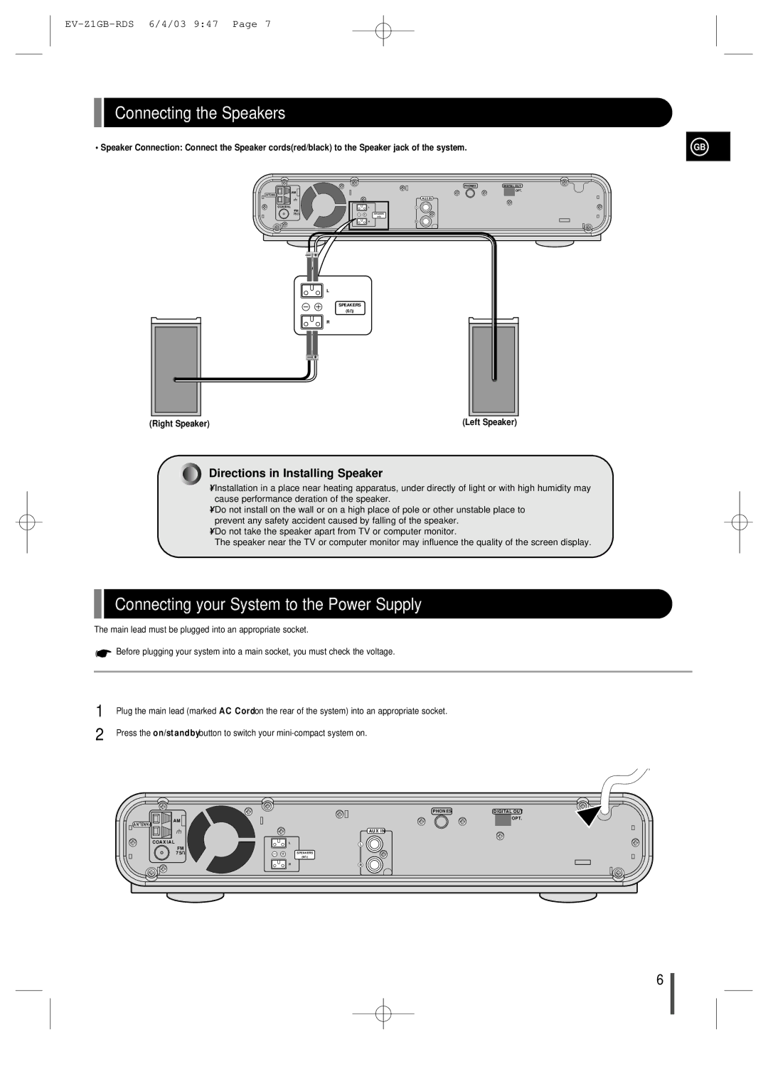 Samsung EVZ1RH/ELS Connecting the Speakers, Connecting your System to the Power Supply, Directions in Installing Speaker 