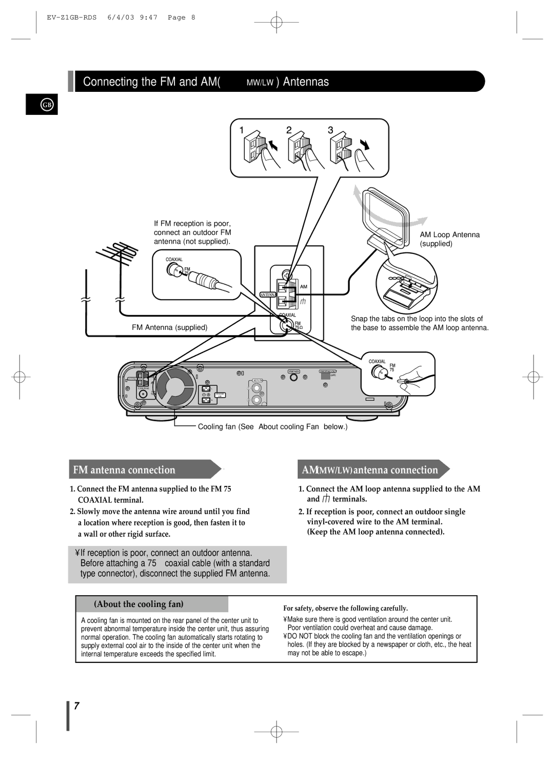 Samsung EVZ1RH/ELS manual Connecting the FM and AMMW/LW Antennas, Keep the AM loop antenna connected 