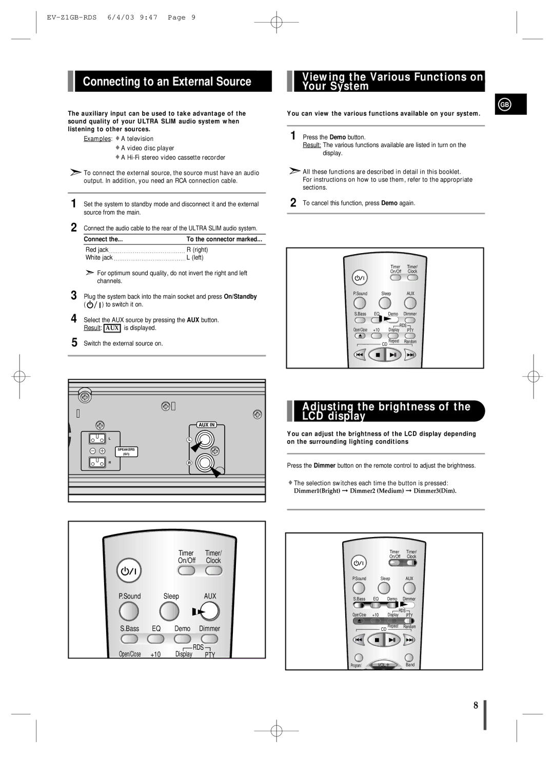 Samsung EVZ1RH/ELS manual Connecting to an External Source, Viewing the Various Functions on Your System 