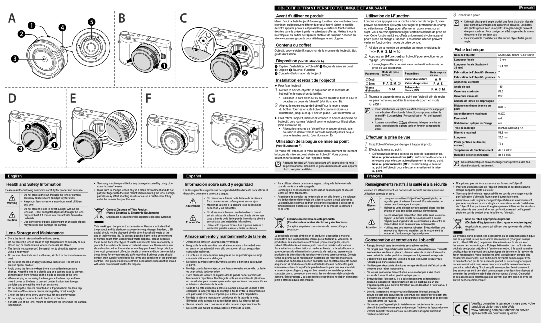 Samsung EX-F10ANB Avant d’utiliser ce produit Contenu du coffret, Installation et retrait de l’objectif, Fiche technique 