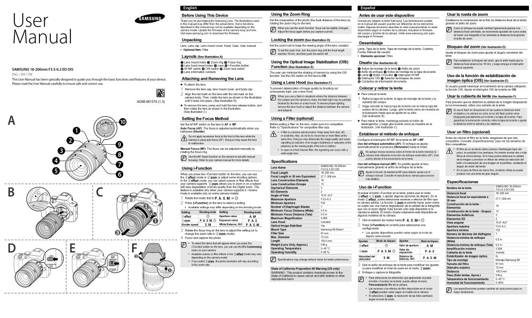 Samsung EX-L18200MB manual Samsung 18-200mm F3.5-6.3 ED OIS, Before Using This Device Unpacking, Setting the Focus Method 