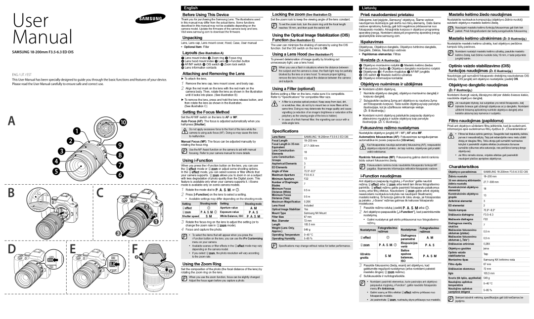 Samsung EX-L18200MB manual Samsung 18-200mm F3.5-6.3 ED OIS, Before Using This Device Unpacking, Setting the Focus Method 