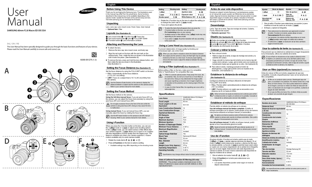 Samsung EX-M60SB manual Samsung 60mm F2.8 Macro ED OIS SSA, Before Using This Device Unpacking, Setting the Focus Method 