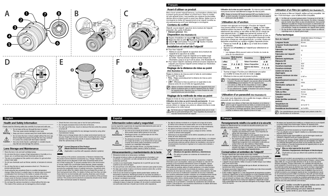 Samsung EX-M60SB Avant d’utiliser ce produit Contenu du coffret, Installation et retrait de l’objectif, Fiche technique 